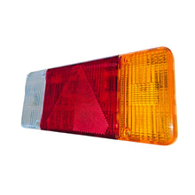 Carica l'immagine nel visualizzatore di Gallery, gemma plastica coperchio fanale posteriore universale, parte rossa stop con triangolo. compatibile con iveco daily, rimorchi. calotta colore arancio rosso e bianco lato destro. codice oe mdvf0031dx