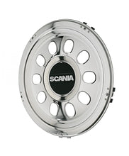 Carica l'immagine nel visualizzatore di Gallery, SET 2 COPERTURE TUNING ANELLO PROTEZIONE RUOTA ASS. TRAZIONE ACCIAIO INOX 22,5" LOGO SCANIA IN RILIEVO SERIE TNG NEXTGEN P G R S