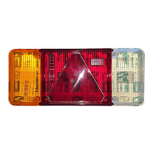 Carica l'immagine nel visualizzatore di Gallery, gemma plastica coperchio fanale posteriore universale, parte rossa stop con triangolo. compatibile con iveco daily, rimorchi. calotta colore arancio rosso e bianco lato destro.